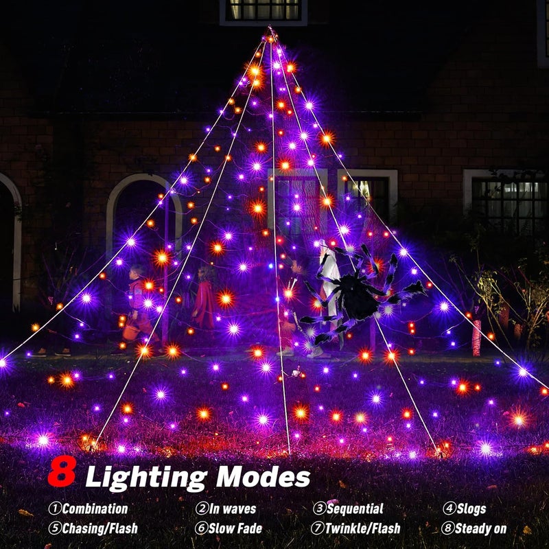 BlcTec Halloween Decorations Outdoor Huge Spider Web Decorations, 19.7ft x 14.7ft Sturdy Lighted White Spider Web with 250 LED Purple Orange Lights, 8 Modes, Timer, Waterproof for Outdoor Decor - Image 3
